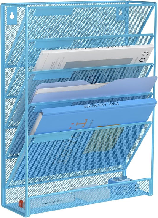 Kuntine.B 6-Tier Wall File Organizer Hanging File Organizer Cubicle Organizer Wall File Holder for Office Home (Blue, 6 Tier)