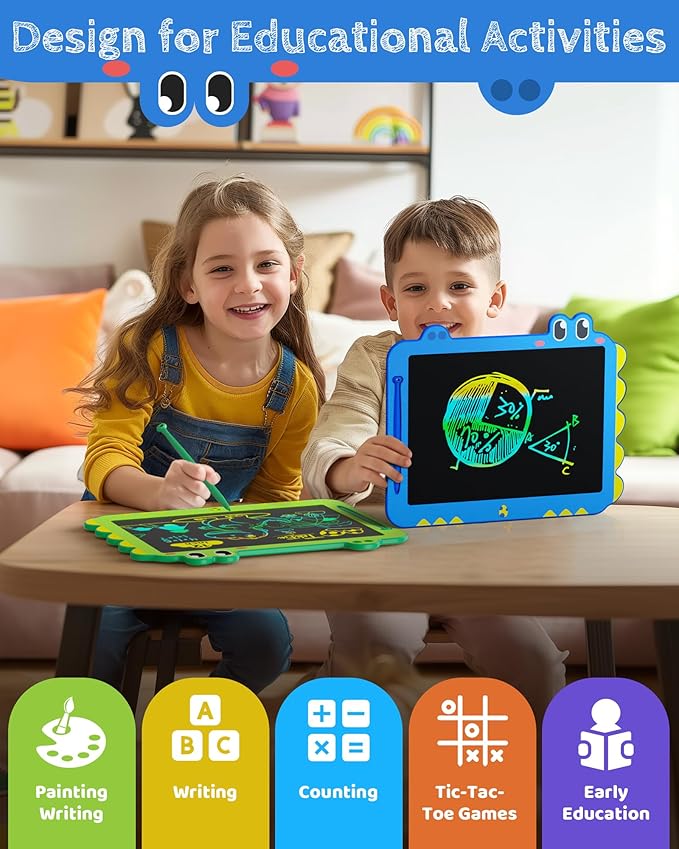 Kikapabi LCD Writing Tablet for Kids, 12 inch Dinosaur Doodle Board Toys Gifts for Boys Girls Age 3 4 5 6 7 Year Old, Mess-Free Drawing Pad Portable Learning Travel Toy Birthday Christmas Gift Blue