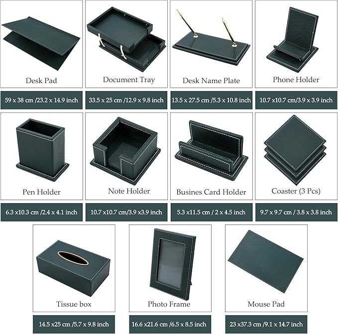 RitPin Desk Set, 11-Piece All-in-One – Executive Desk Accessories & Office Supplies, Leather Desk Organizer with Desk Pad & Blotter, 2-Tier Letter Tray, Luxury Office Desk Decor & Boss Gifts (Green)