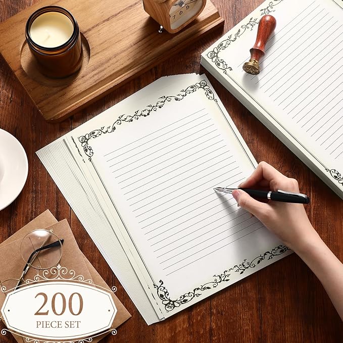 Sabary 200 Sheets Lined Stationary Writing Paper 8.5 x 11 Inch Fancy Vintage Stationery Letters Paper Lined Antique Retro Sheets for Letters Invitations Resume(Black)