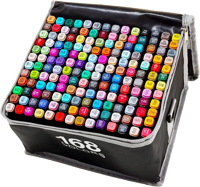 DRAWNICEST 168 Colors Alcohol Markers, Dual Tip Permanent Art Markers with Black Suitcase, For Adults Coloring, Sketching, Card Making and DIY Patinting