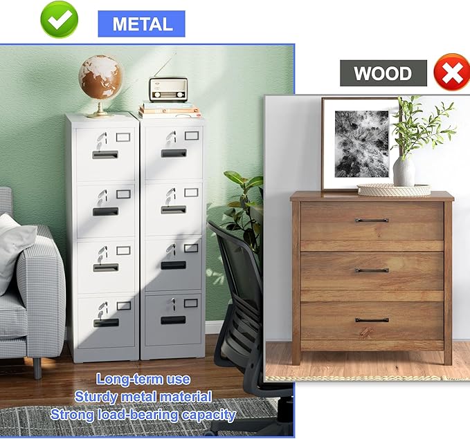 SUXXAN 4 Drawer File Cabinet, Metal Vertical File Storage Cabinet with Lock, Office Home Steel Vertical File Cabinet for A4 Letter/Legal Size, Assembly Required