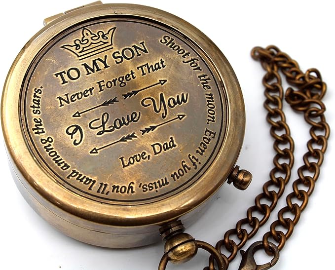 US HANDICRAFTS Brass Compass with Wooden Case | Engraved Compass from Mom to Son | Graduation Gift, Birthday, Inspirational Travel Keepsake