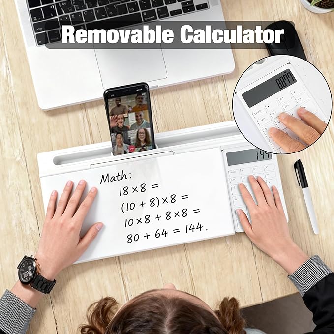Glass Desktop Whiteboard with Calculator & Storage, Desk Dry Erase Note Memo Board, Compact Desk Organizer for Desk, Office, School Supplies, White, 2026