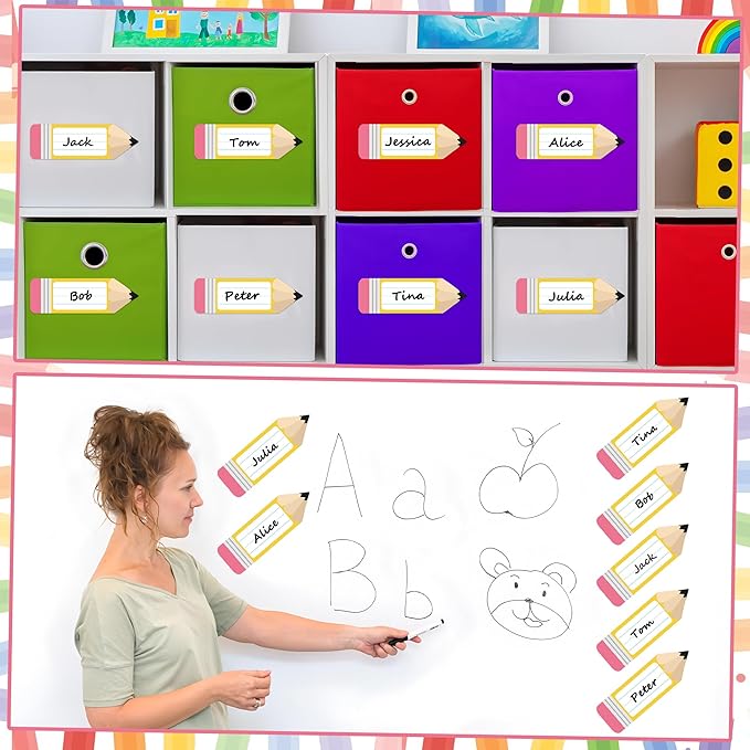 56 Pcs Name Tags for Desk Pencils Classroom Names Label Sticker Back to School Locker Name Tag Plate Colorful Desk Names Tag for Bulletin Board Teacher First Day of School Student Party Decor
