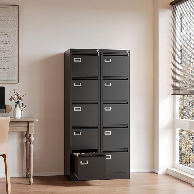 Fesbos File Cabinets - 5 Drawers Vertical 17.8" Deep Lockable Filing Cabinet - Black & Gray Metal Storage Cabinets for Home Office to Hanging Files Letter/Legal/F4/A4 Size