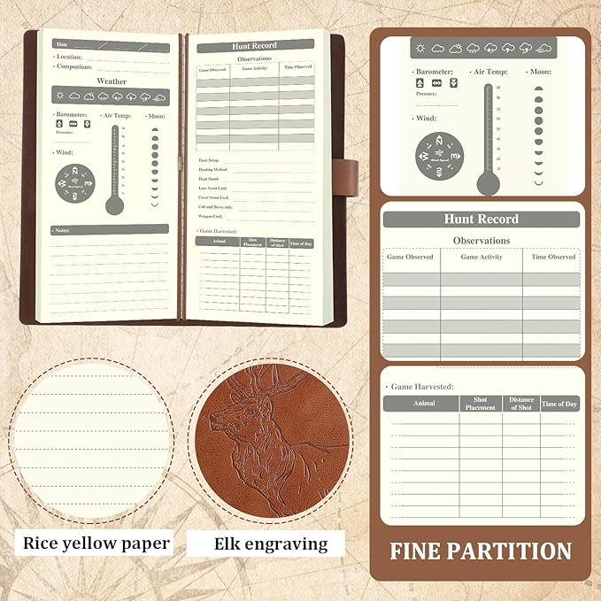 Eaasty 2 Pcs Leather Hunting Log Book Elk Hunting Journal Notebook for Men Designed for Huntsman to Record Hunt Details for Dad Husband Father's Day Birthday Gift, 96 Pages(Tan, Reddish Brown)