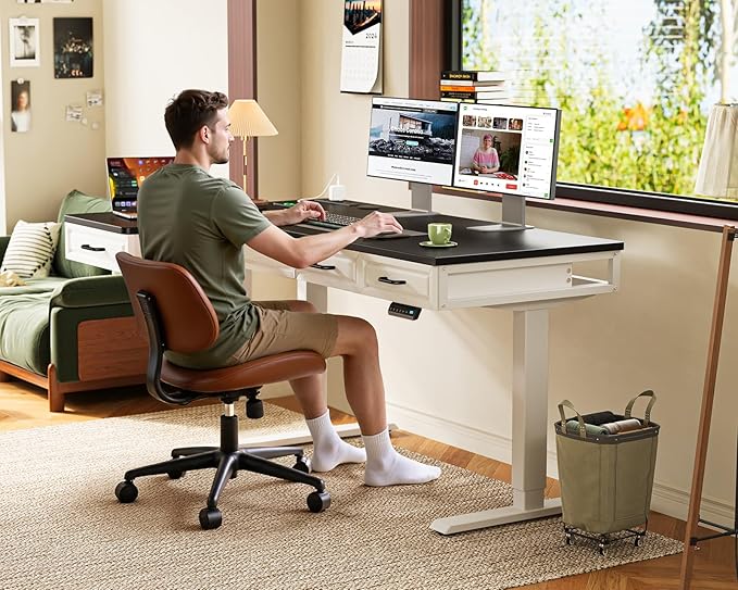 OffiGo L Shaped Electric Standing Desk with Wooden Drawers, 55 Inch Height Adjustable Corner Workstation with Power Outlets, Sit Stand Table for Home, Office, White+Black