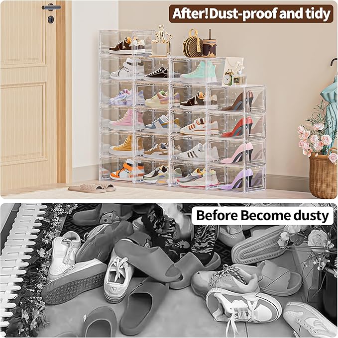 TOFWOF 6 Pack XX Large Shoe Organizer, Heavy-Duty Hard Thicken Plastic Clear Stackable Shoe Storage Box Organizer for Closet, Space-Saving Shoe Rack Display Case Bin Containers for Sneakers, Clear