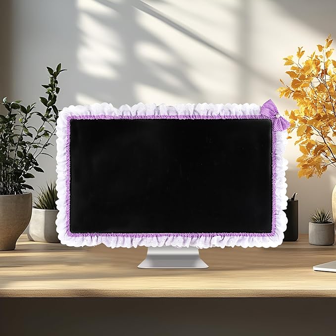 Kingshion 32"-38" Lovely Cute Computer Monitor Cover with Lovely Cute Elastic Pen Pocket Bow-knot TV LCD Screen Monitor Decoration Dust Cover Protector, Lace Fabric - purple