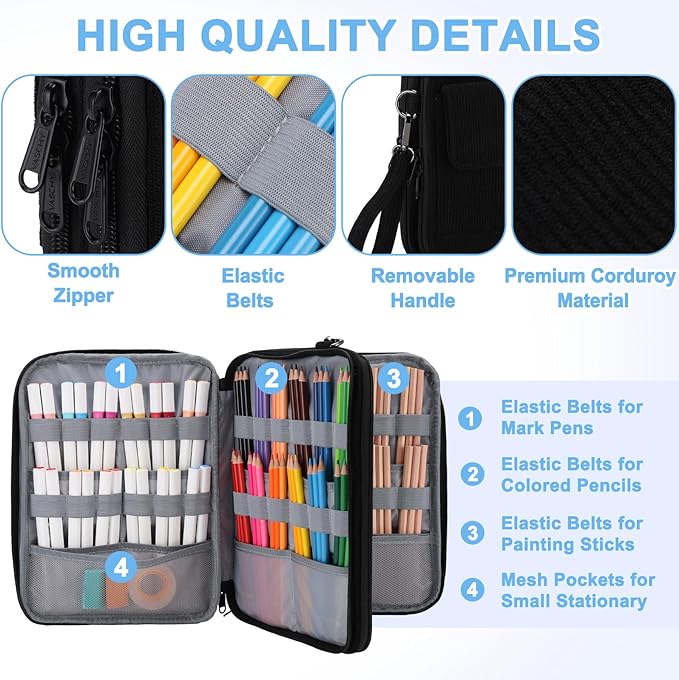 VASCHY Colored Pencil Case, Corduroy Large Pencil Pouch for Art Pens Markers Gel Pens Big Holder Organizer Fits 192 Pencils for Girls Women Black