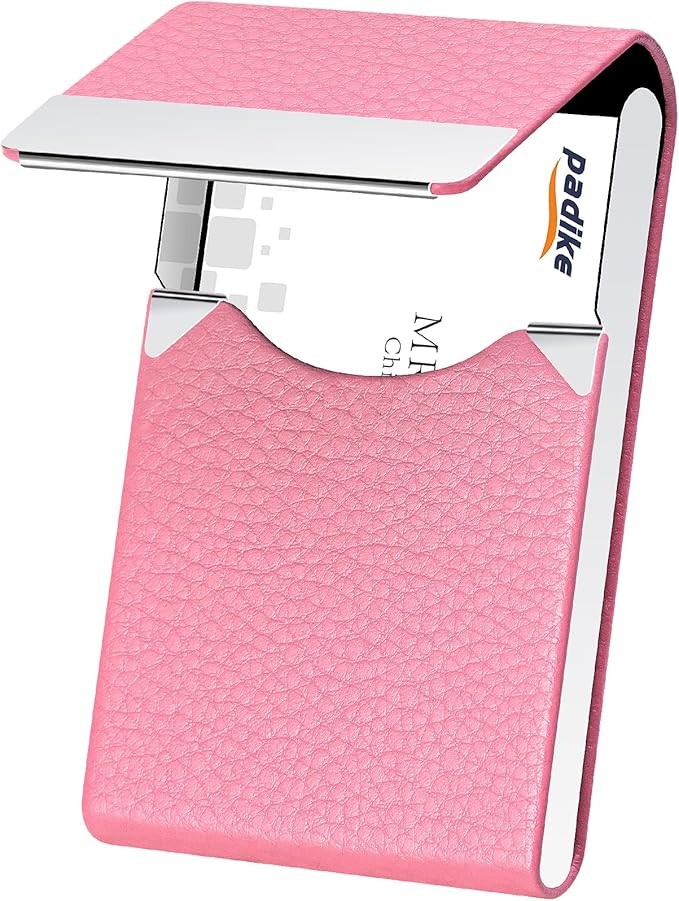 Padike Professional Business Card Holder PU Leather Business Card Case Name Card Holder Slim Metal Pocket Card Holder with Magnetic Shut (Pink)