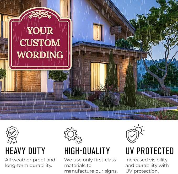 Custom Decorative Sign, Personalized Metal Sign for Business, Driveway, Home, Airbnb, Office Door Plaque,Burgundy Background Sign, 18x18 Inches, ACM, Fade Resistant, Made in USA by Sigo Signs