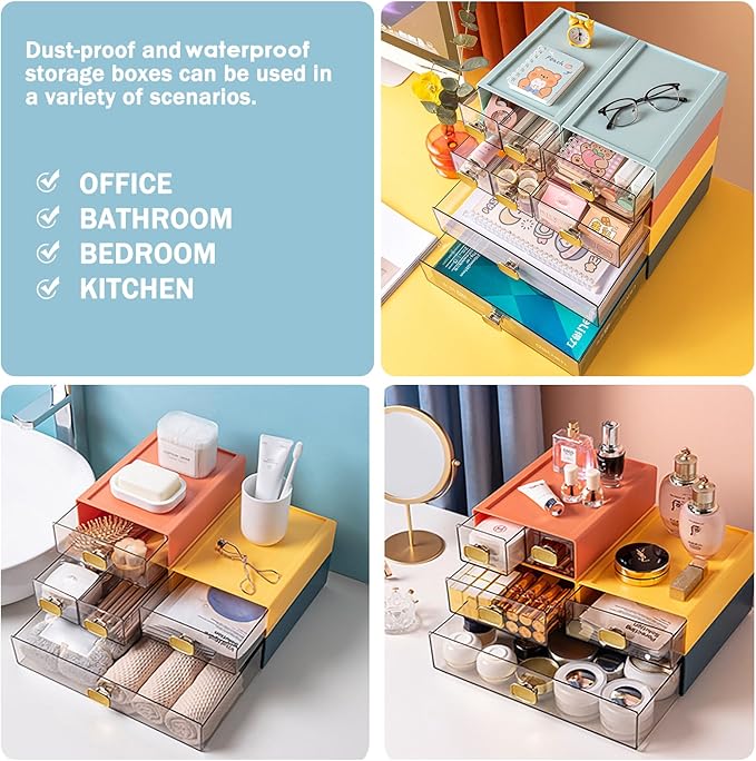 DETEIN 2PACK Stackable Storage Drawers for Desk 6.5"x9"x3" Small Storage Organizer Plastic Desk Organizer with Drawer Desktop Storage Box for Cosmetic, Pencil, Jewelry, Lipsticks (Blue,M-2 Drawer)