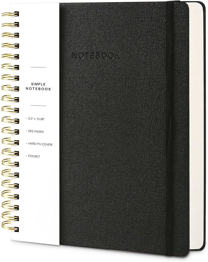 Oneirom Spiral Notebook - 8.5 x 10.98 Inch Large Hard Cover Notebook with Elastic Band & Pocket, 252 Pages, Lay Flat Wirebound Journal for Work, School, Planning & Note Taking Black