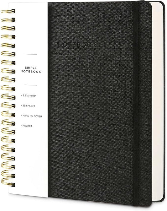Oneirom Spiral Notebook - 8.5 x 10.98 Inch Large Hard Cover Notebook with Elastic Band & Pocket, 252 Pages, Lay Flat Wirebound Journal for Work, School, Planning & Note Taking Black