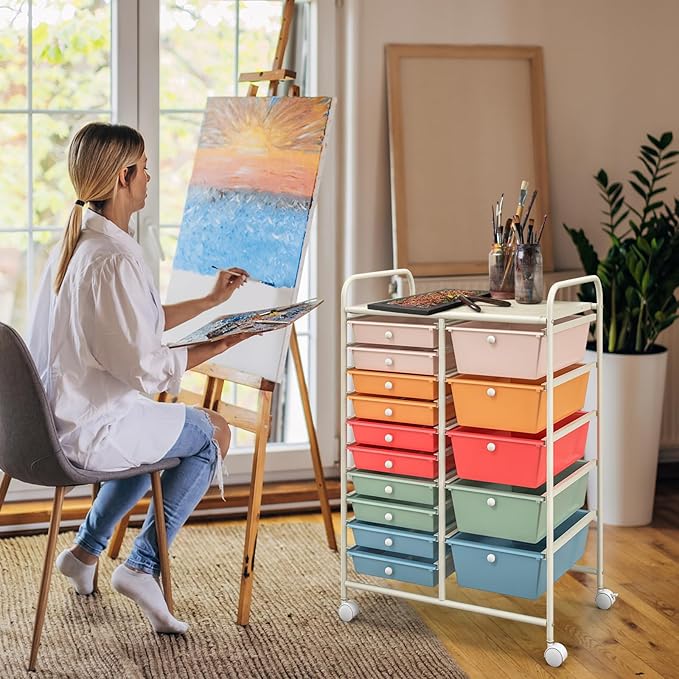 GOFLAME 15-Drawer Rolling Storage Cart, Craft Storage Cart with Removable Drawers & Lockable Wheels, Art Cart Supply Storage Organizer for Home Office Classroom, Macaron Color