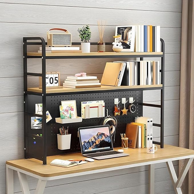 ZWCQSYS 2-Tier Desktop Bookshelf Hutch - Metal Desk Shelf Bookcase with Desk Pegboard Countertop Storage Organizer Rack for Dorm or Office (B, 110cm/43in)