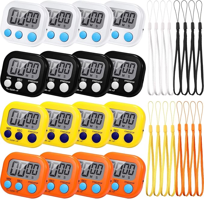 Flutesan 16 Pack Digital Classroom Timers with Lanyards - Color-Coded Countdown Timers for Teachers, Students & Kitchen Use - Loud Alarm, Easy Operation(Black, White, Yellow, Orange)