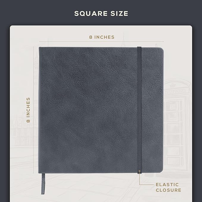 Beechmore Books Square Sketchbook – 8x8 Premium Vegan Leather Bound Large Sketch Book Hardcover with 156 Thick 160gsm Perforated Ivory Pages, Blank Sketch Pad, Gift Boxed Back Pocket, Ribbon Bookmark