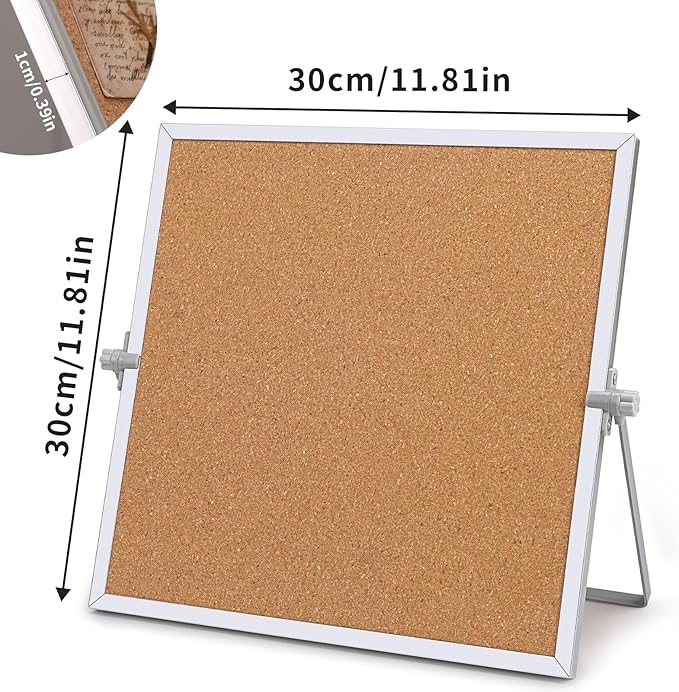 kdafio 11.81"×11.81" Cork Board Bulletin Board, Double Sided Pin Board with Silver Aluminum Border, Desktop Small Cork Board with Stand Suitable for Home, Office, Desk Message Board or Picture Board