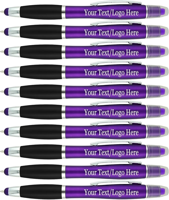SyPen Personalized Pens with Gel Highlighter and Stylus -200 Pack Bulk-Free Imprint - 3 In Bible Highlighter No Bleed, Ballpoint Pen, and Stylus Combo- add Custom Name, Logo or Gift Message- Purple