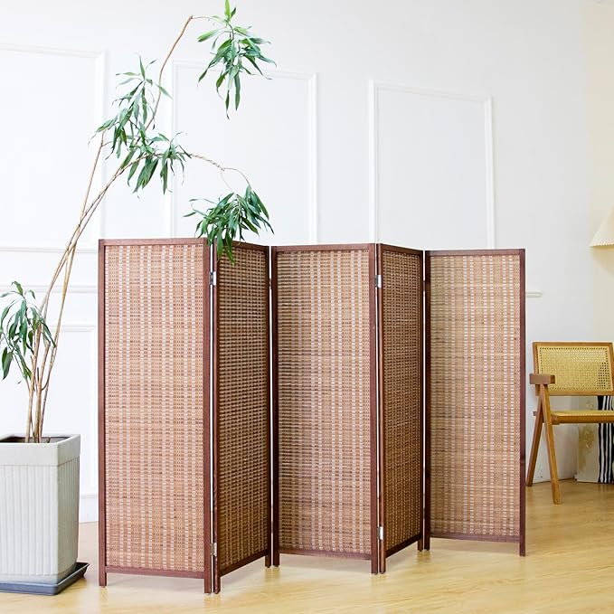 Furnnylane 5 Panel Short Room Divider Screen,Brown Freestanding Partition,Small Bamboo Panel Divider for Room Seperation,3.95 FT Tall