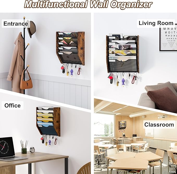 PAG-Mass Wall File Organizer With Hooks, 5 Tier Mesh Mail Organizer Wall Mounted,Hanging File Organizer,Magazine Holder for Documents,Magazine,Literature,File,Mails,Envelopes