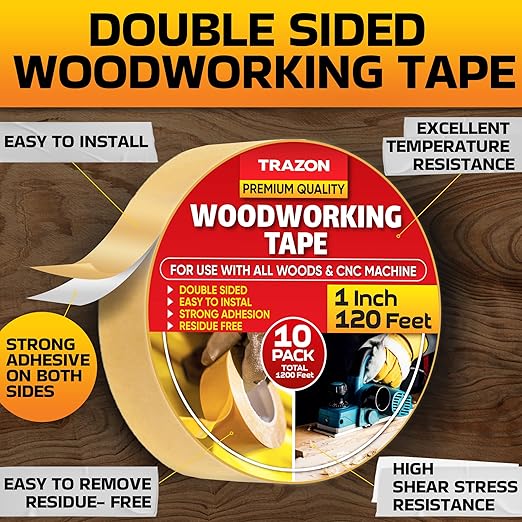 Trazon Double Sided Woodworking Tape Super Strong, 10 Pack, 1 Inch x 120 Feet, Wood Crafter Sticky Tool, Two Side Adhesive for Router Templates and CNC Machine, Removable & Residue Free