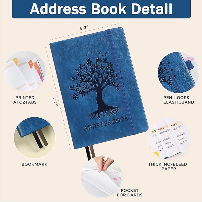 ZXHQ Address Book with Colorful Alphabetical Tabs (8.4" x 5.8") - Address Books for Seniors Hardcover Telephone and Contact Organizer, with Space for Important Website Passwords - Blue