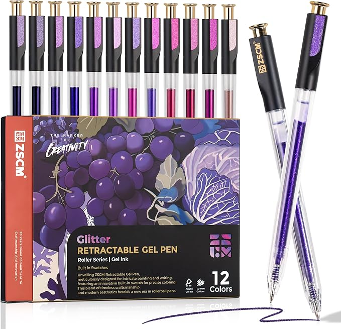 ZSCM Retractable Glitter Gel Pens, 12 Colors Large Capacity Purple Glitter Metallic Gel Ink Pens, 1 mm Fine Point Smooth Writing Color Pens for Adult Coloring Book Note Taking Aesthetic Art Supplies