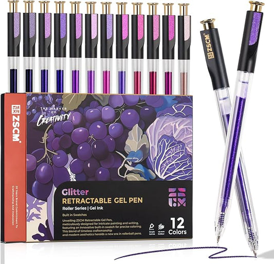ZSCM Retractable Glitter Gel Pens, 12 Colors Large Capacity Purple Glitter Metallic Gel Ink Pens, 1 mm Fine Point Smooth Writing Color Pens for Adult Coloring Book Note Taking Aesthetic Art Supplies