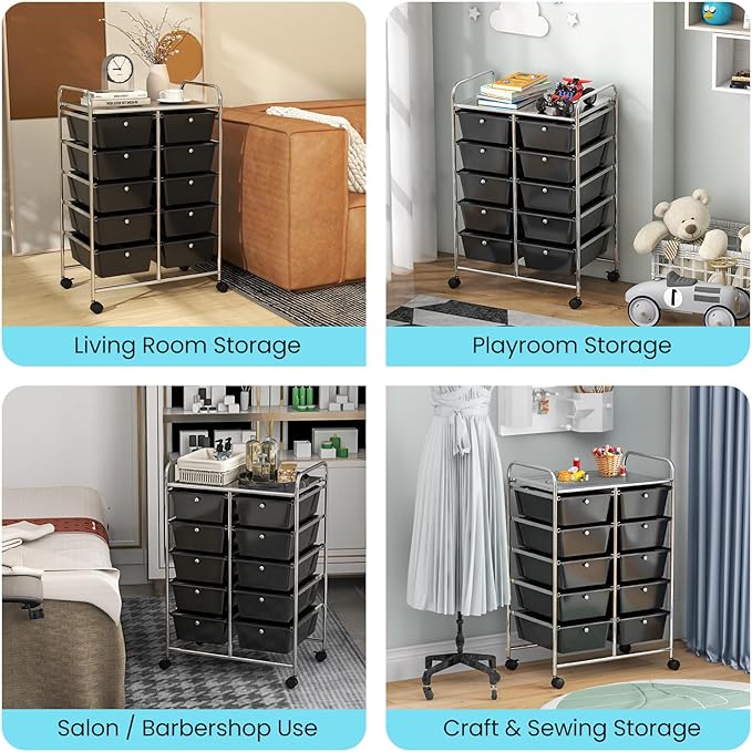 GLACER 10 Drawer Rolling Cart, Storage Cart with Lockable Whieels & Metal Frame, Trolley for Art Craft Oganizer, Mobile Utility Cart for Office, School, Classroom, Kitchen (Black)