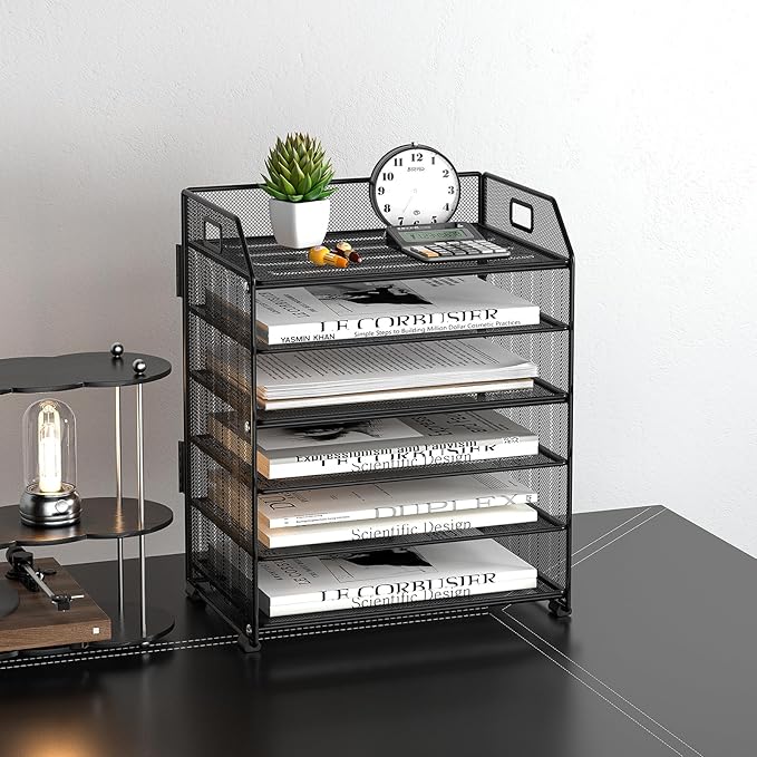 6 Tier Desk Organizer, Heavy-Duty Thick Metal Letter Tray Organizer, Large Capacity Desktop File Organizer for Heavy Files, Easy to Assemble for Home, Office & Classroom,Black