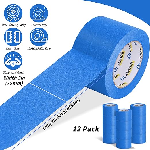 12 Rolls Blue Painters Tape Bulk 3 inch x 60 Yards, Total 720 Yd, Painters Masking Tape No Residue Wall Painting Tape Artist Tape Trim Edge Finishing Tape for Wall Painting Decoration DIY Supplies