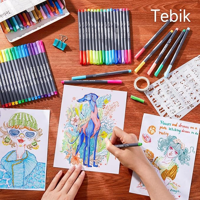Tebik 108 Pack Planner Colored Pens, 100 Assorted Colors Drawing Pens with 8 Different Stencils, Perfect for Dotted Journal Planner Writing Note Calendar Coloring Office School Supplies