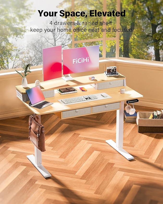 FiCiHi Electric Standing Desk with Four Drawers, Adjustable Height Sit Stand Desk, C-Clamp Compatible Home Office Desk with Storage Shelf & Monitor Stand Riser, 48 x 24 Inch, Maple