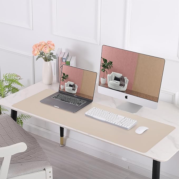 AFIING Leather Desk pad Protector, Large Non-Slip Office Desk Mat with Natural Cork & PU Leather, Waterproof Writing Mouse Pad for Office and Home (55in*17in,Beige)