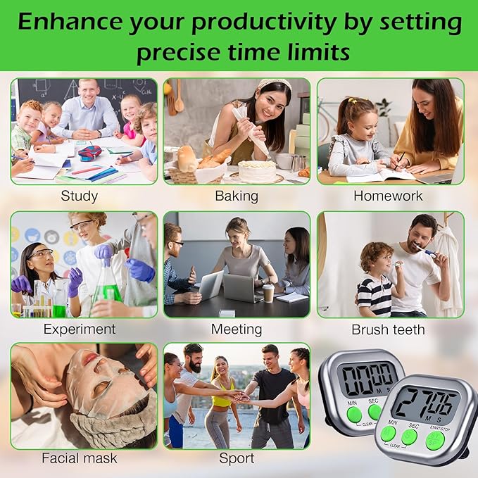 Leumoi 24 Pcs Digital Kitchen Timers Magnetic Back Timers Bulk Large Screen Loud Alarm On/Off Switch Minute Second Count up Countdown Memory Setting for Cooking Classroom Exercise (Sliver and Green)