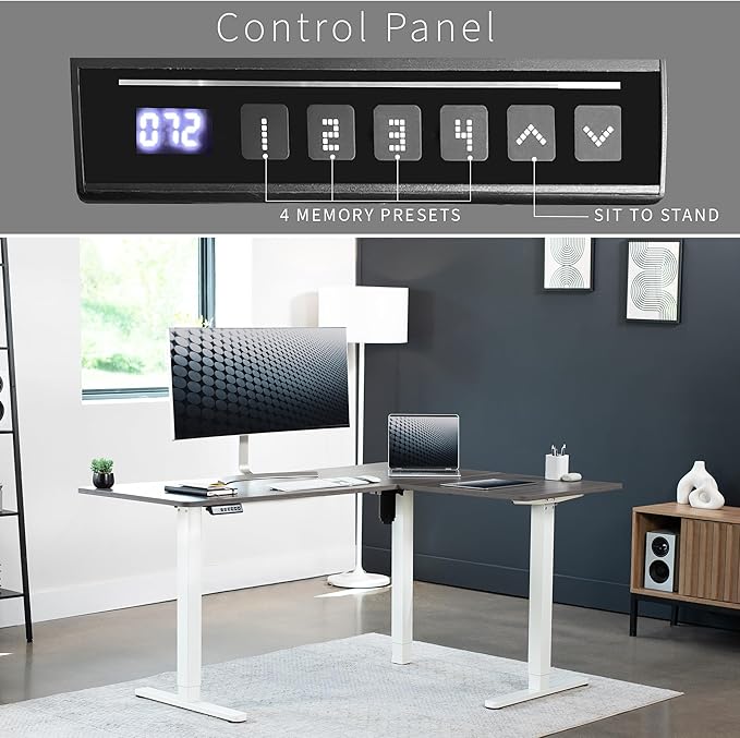 VIVO Electric Corner 63 x 47 inch L-Shaped Standing Desk, Memory Height Adjustment, Dark Gray Top White Frame, DESK-E3CTWG-47