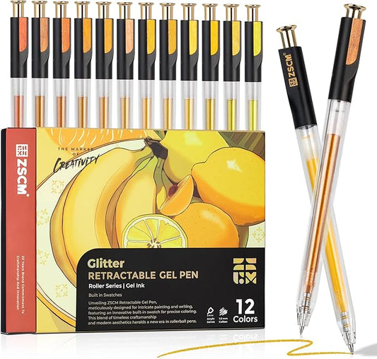 ZSCM Retractable Glitter Gel Pens, 12 Colors Large Capacity Yellow Glitter Metallic Gel Ink Pens, 1 mm Fine Point Smooth Writing Color Pens for Adult Coloring Book Note Taking Aesthetic Art Supplies