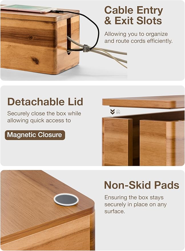 TIDITA Acacia Large Cable Management Box - Set of 2 Cord Box Hider for Home, Office - Cable Hider Box, Surge Protector Box for TV Wires, Computer - Power Strip Box with 2 Open Slots, Magnetic Lid
