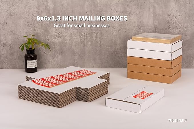 YUSHYIJIE 9x6x1.3 inch Small Shipping Boxes, Multi-Depth Flat Cardboard Boxes with Fragile Stickers for DVD Shipping, Packing, Moving, Storage, White, 25 Pack