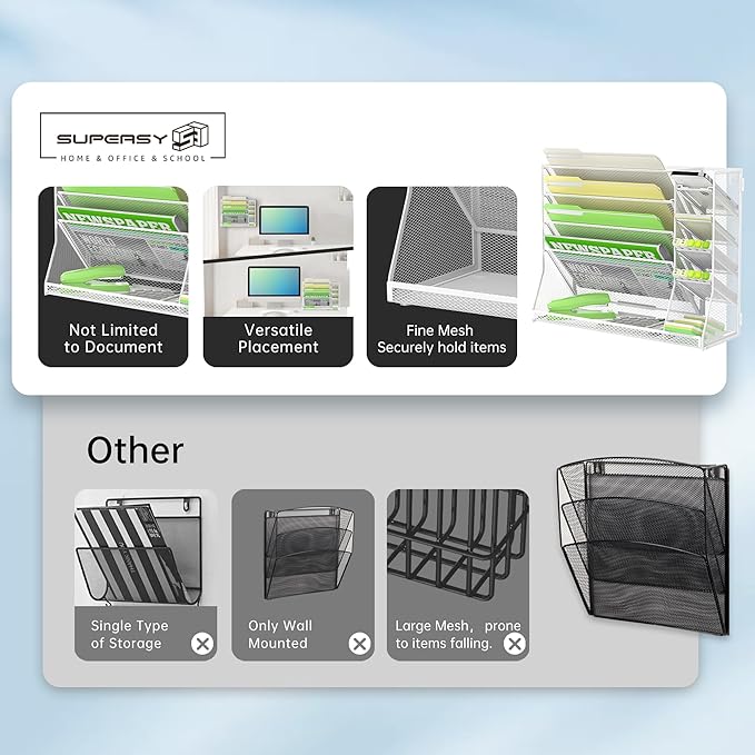 SUPEASY Wall File Organizer, 5-Tier office wall organizer with 4 Pen Holders, Wall Organizer for Office with R-shaped Bottom Tray, Metal Desk Organizer for Office, School, Home, White