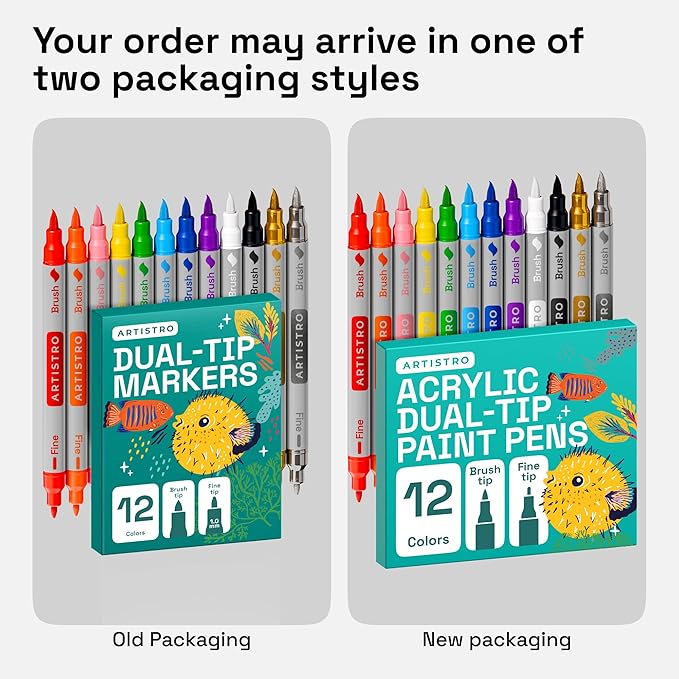 ARTISTRO 12 Acrylic Paint Markers - Paint Pens Dual Tip Brush + Fine Ideal for Calligraphy - Perfect for Fabric, Rock, Glass, Wood, DIY - Art Supplies, Stocking Stuffers, Christmas Gift Idea