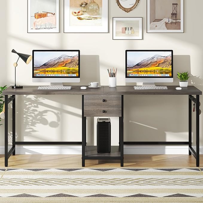 Tribesigns 79 Inch Extra Long Desk, Two Person Desk with 2 Drawers, Double Computer Table with Storage Shelves, Writing Table for Home Office, Grey