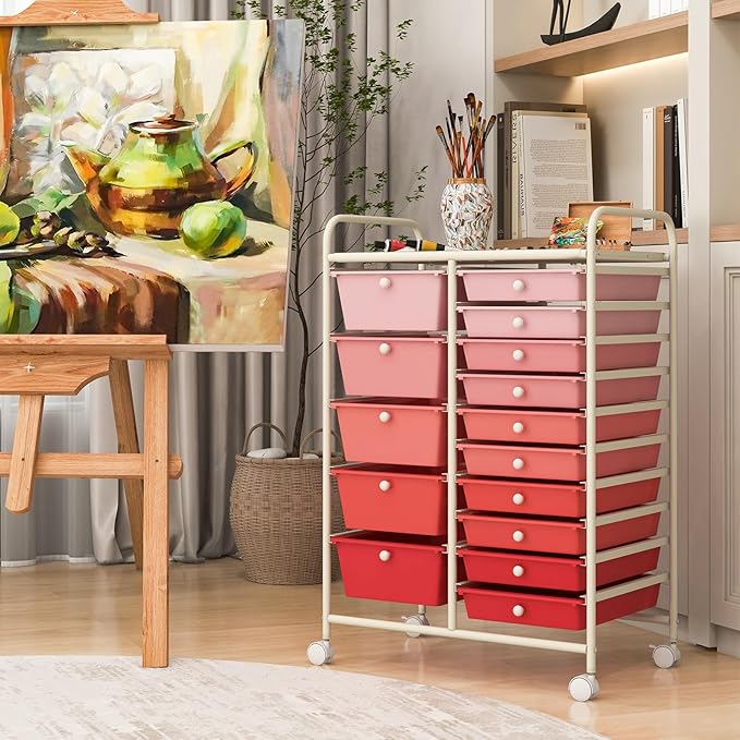 COSTWAY 15 Drawers Storage Cart, Multipurpose Rolling Utility Cart on Wheels w/Lockable Wheels & Removable Drawers, Mobile Tools Scrapbook Paper Organizer Cart for Office School Home, Mixed Pink