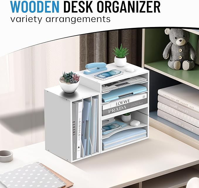 SHARKWOODS Wood Desk Organizer, 3 Tier Paper Tray Organizer for Desk with Adjustable Storage Shelves, Desktop File Organization Paper Sorter Mail Holder for Office Home Classroom, White