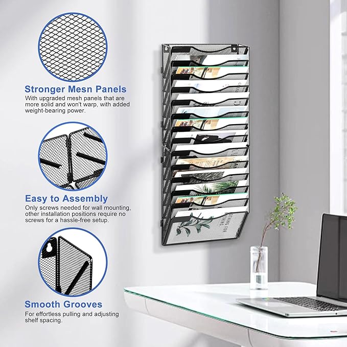EasyPAG Wall File Organizer for Office 14 Pocket Mesh Wall Mounted Paper Organizer Hanging Folder Holder with Nametag Label for Home School, Black