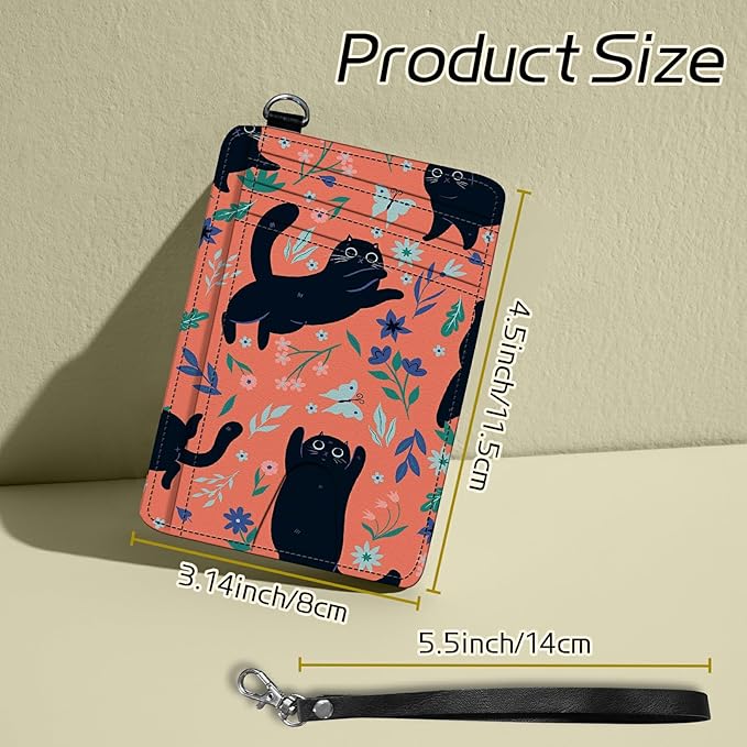 BWEGRHE Small Travel Wallets, Black Cat Flowers Slim Minimalist Front Pocket Wallet with Wristlet, RFID Blocking PU Leather Credit Card Holder with ID Window Change Purse for Men Women